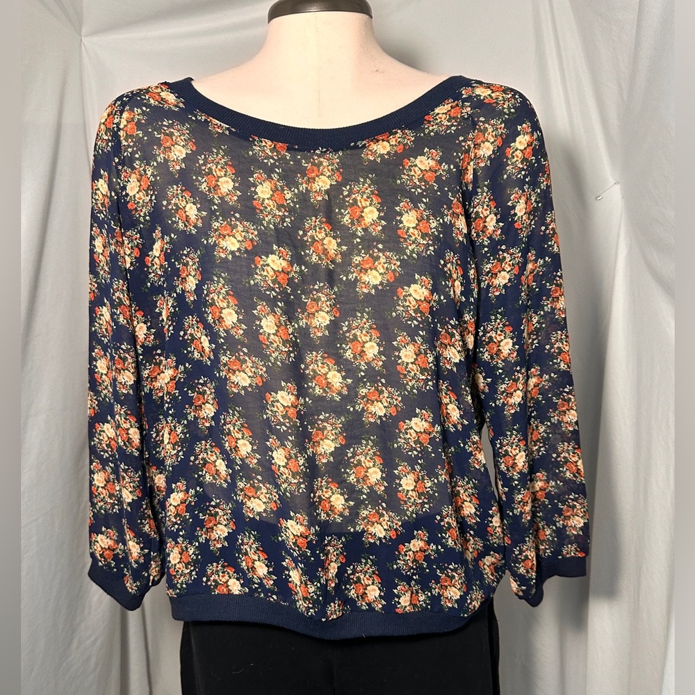 Wishful Park Navy Floral Sheer Knot Blouse Small Romantic Cottagecore Top